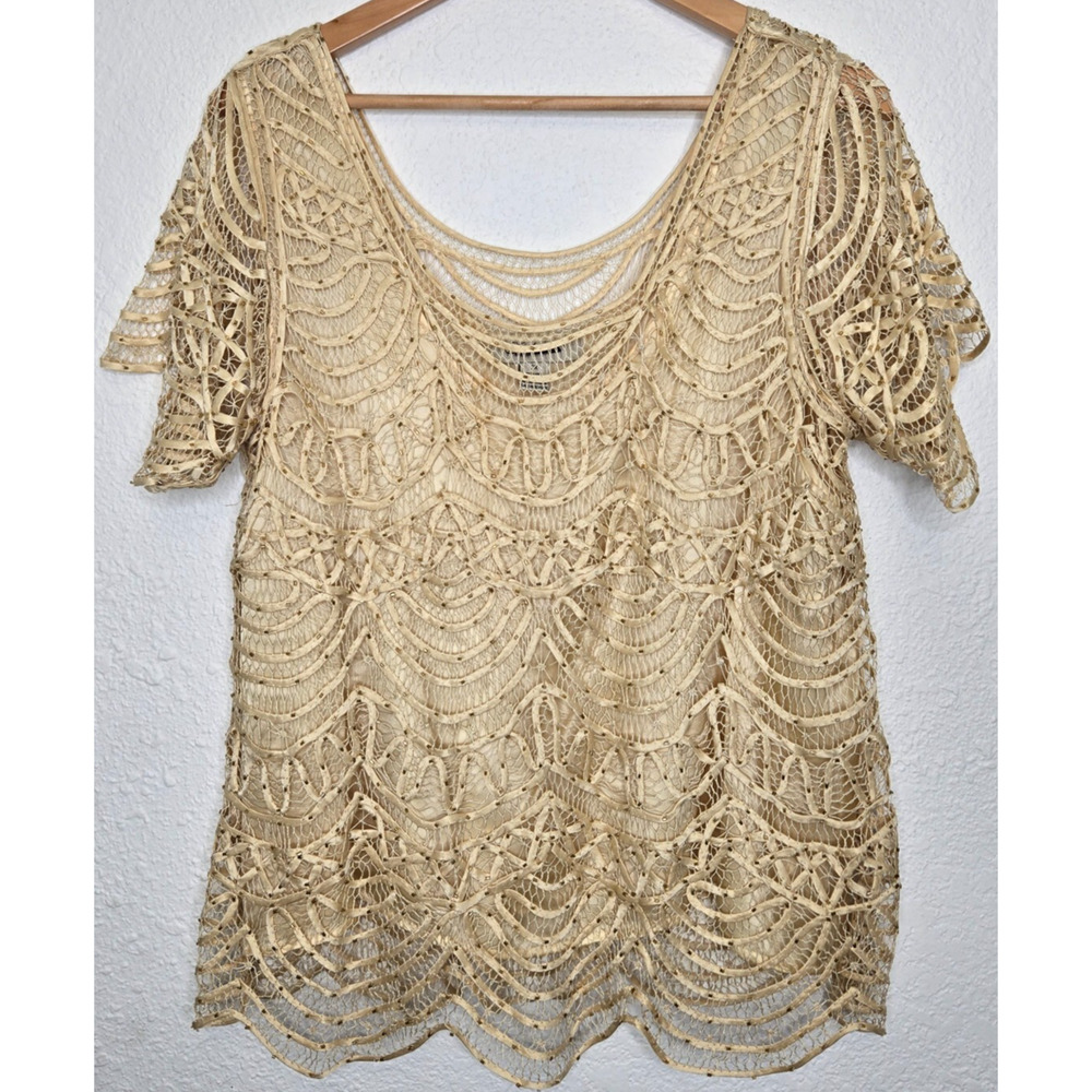 Vintage 80s Top Womens 2X Ivory 100% Silk Crochet Lace Scallop Gold Beaded Glam